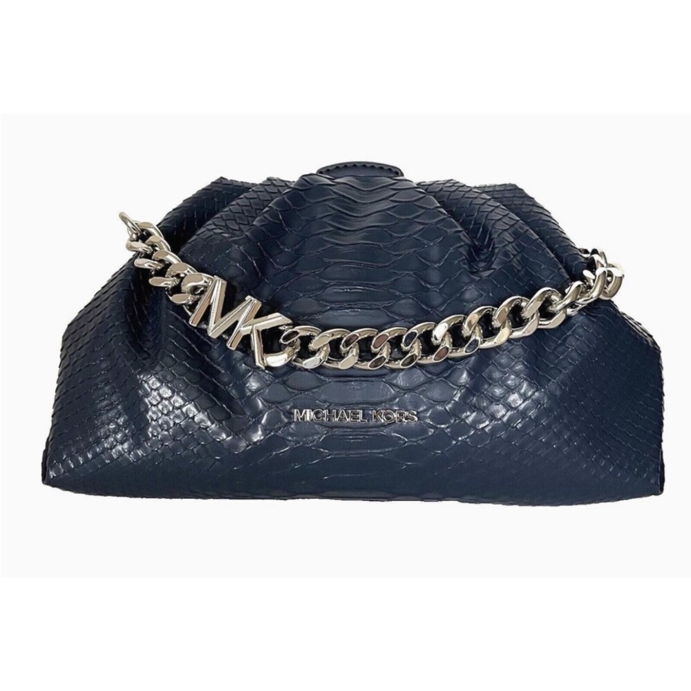 New Michael Kors Nola Small Snake Embossed Crossbody Chain Clutch Black